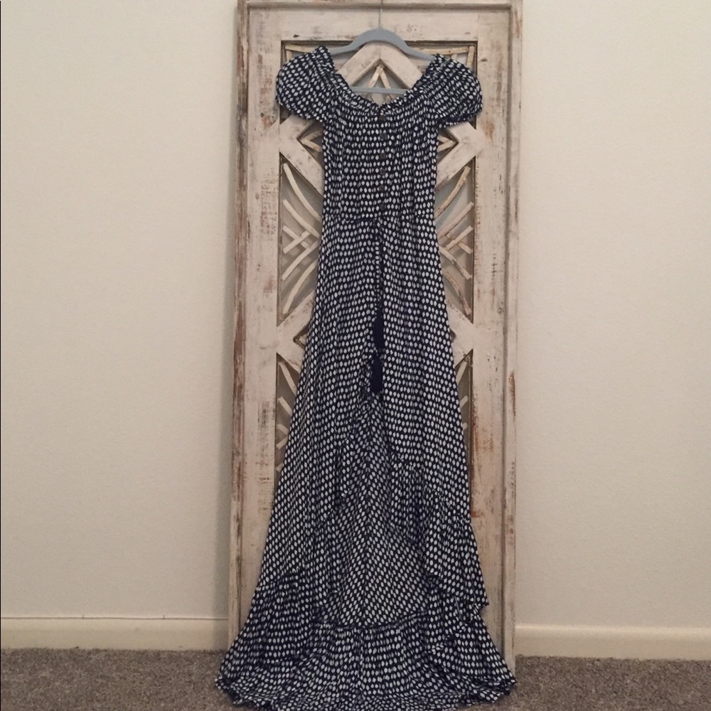 Tiare Hawaii Blue White Polka Dot Maxi Dress